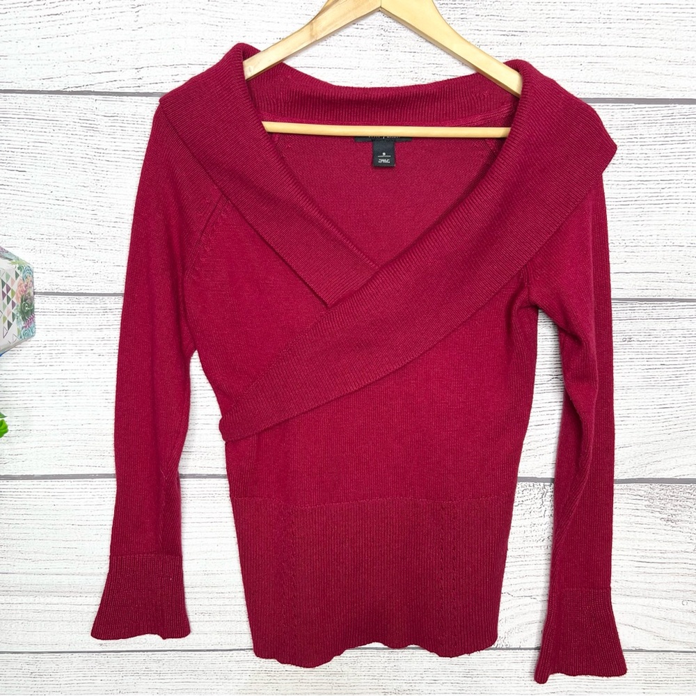 WHBM Red Cashmere Blend Wrapped Wide Collar V Neck Sweater Top Size Small - Picture 10 of 10